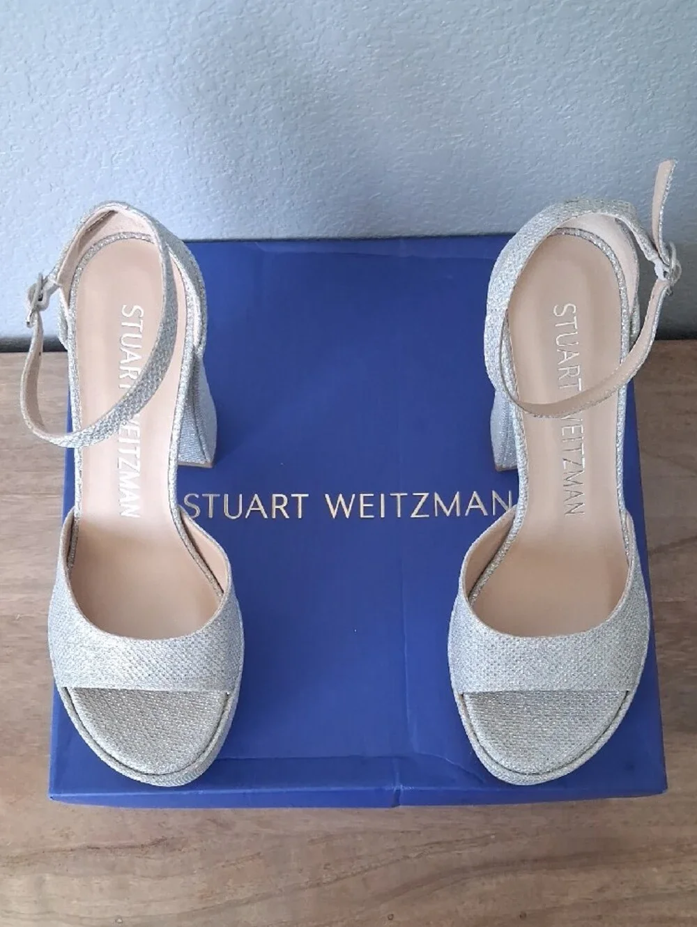 Stuart Weitzman Silver Glitter Platform Heels with Ankle Strap